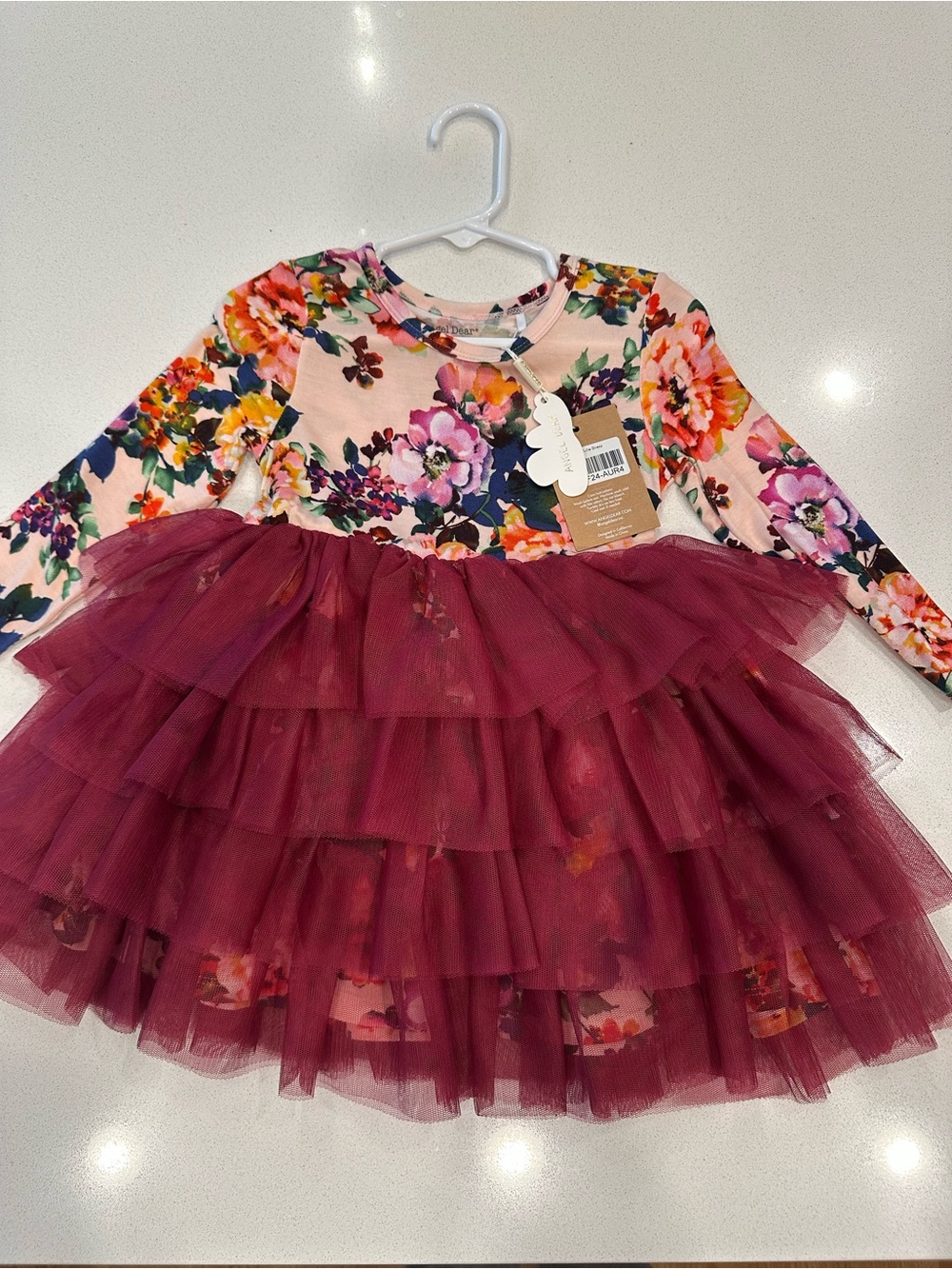 Angel Dear Floral Top with Burgundy Tulle Skirt Girls Dress